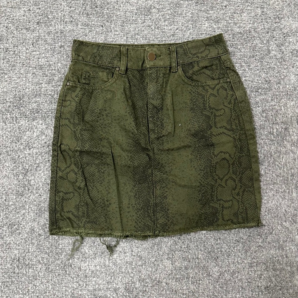 Hollister Mini Skirt Womens Size 25 Olive Green Snake Print Cotton Raw Hem Denim